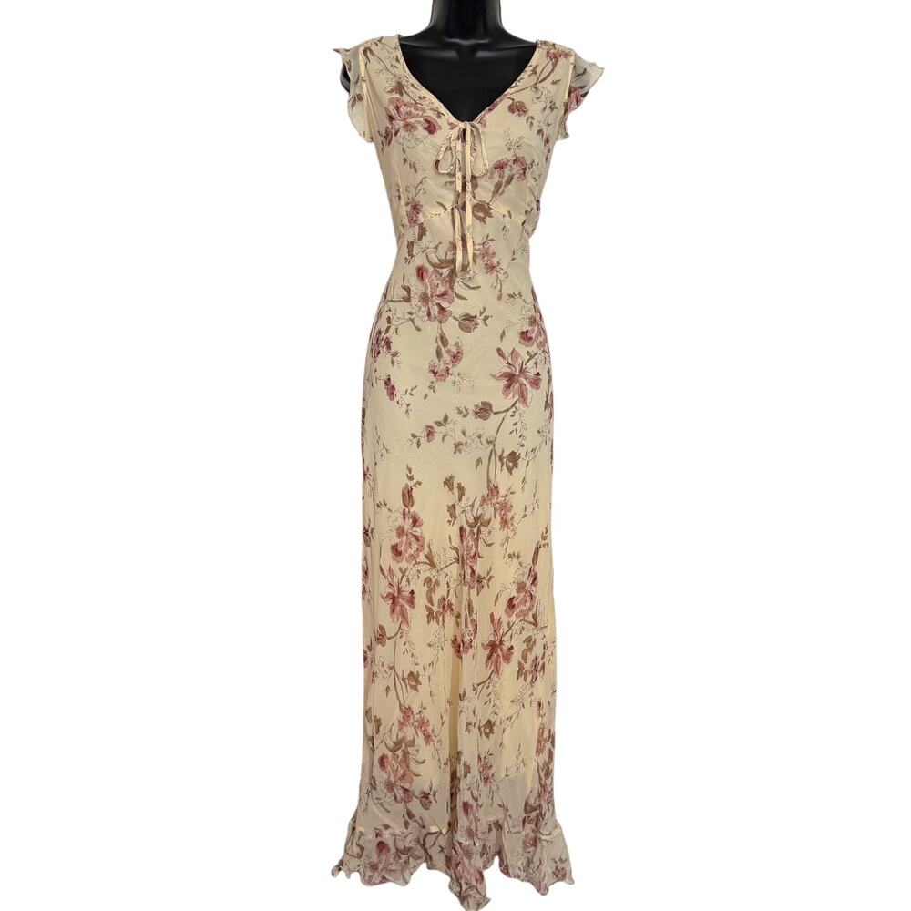 Vtg 90s Paradise NY Floral Maxi Dress M Cottagecore Fairycore Chiffon Ruffle